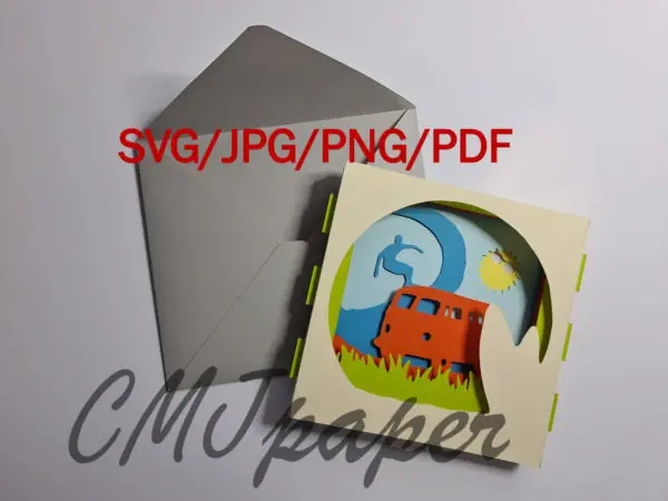carte kirigami surf papier découpé